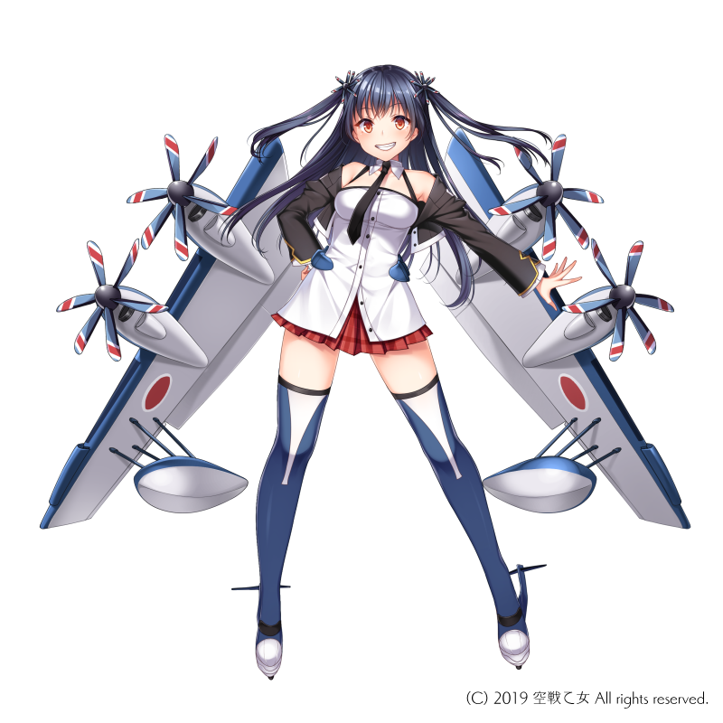1girl bangs bare_shoulders black_hair black_jacket blue_legwear blush breasts character_request cropped_jacket dress eyebrows_visible_through_hair full_body grin hair_ornament hand_on_hip itou_nanami jacket kuusen_otome_sky_valkyries long_hair long_sleeves mecha_musume medium_breasts official_art open_clothes open_jacket outstretched_arm personification pleated_skirt propeller_hair_ornament red_eyes red_skirt simple_background skirt smile solo standing thigh-highs two_side_up very_long_hair watermark white_background white_dress