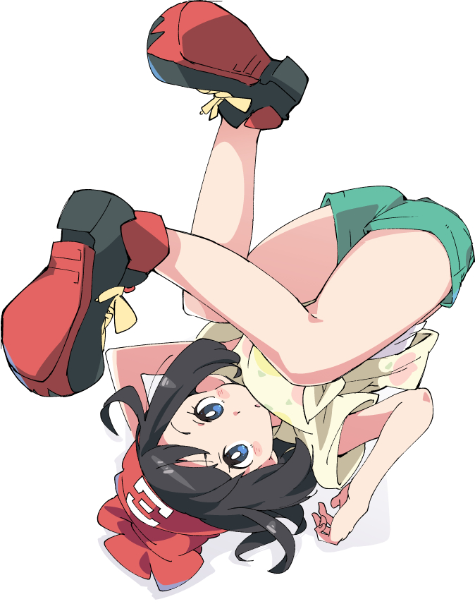 1girl :o bangs bare_legs beanie black_hair blue_eyes blush floral_print full_body green_shorts hat ixy mizuki_(pokemon) pokemon pokemon_(game) pokemon_sm red_footwear red_headwear shadow shirt shoes short_hair short_sleeves shorts simple_background sneakers solo t-shirt tied_shirt white_background yellow_shirt