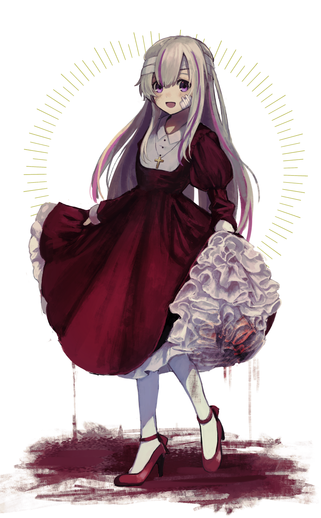 1girl :d bandaged_head bandages bangs blood bloody_clothes collared_dress cross cross_necklace dress full_body grey_hair hair_between_eyes high_heels highres jewelry juliet_sleeves latin_cross long_sleeves multicolored_hair necklace open_mouth original pantyhose puffy_sleeves purple_hair red_dress red_footwear shoes skirt_hold smile solo standing standing_on_one_leg streaked_hair violet_eyes white_background white_legwear yumegi_(bitter_orange215)