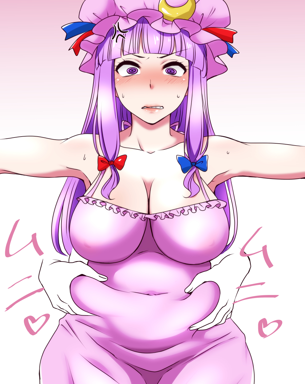 1girl anger_vein angry armpits bangs belly_grab blue_ribbon blunt_bangs bow breasts collarbone crescent disembodied_hands embarrassed eyebrows_visible_through_hair gradient gradient_background groping hat highres large_breasts lips long_hair mob_cap navel nightgown outstretched_arms patchouli_knowledge plump purple_hair red_ribbon ribbon shiraue_yuu sidelocks sweat teeth touhou violet_eyes
