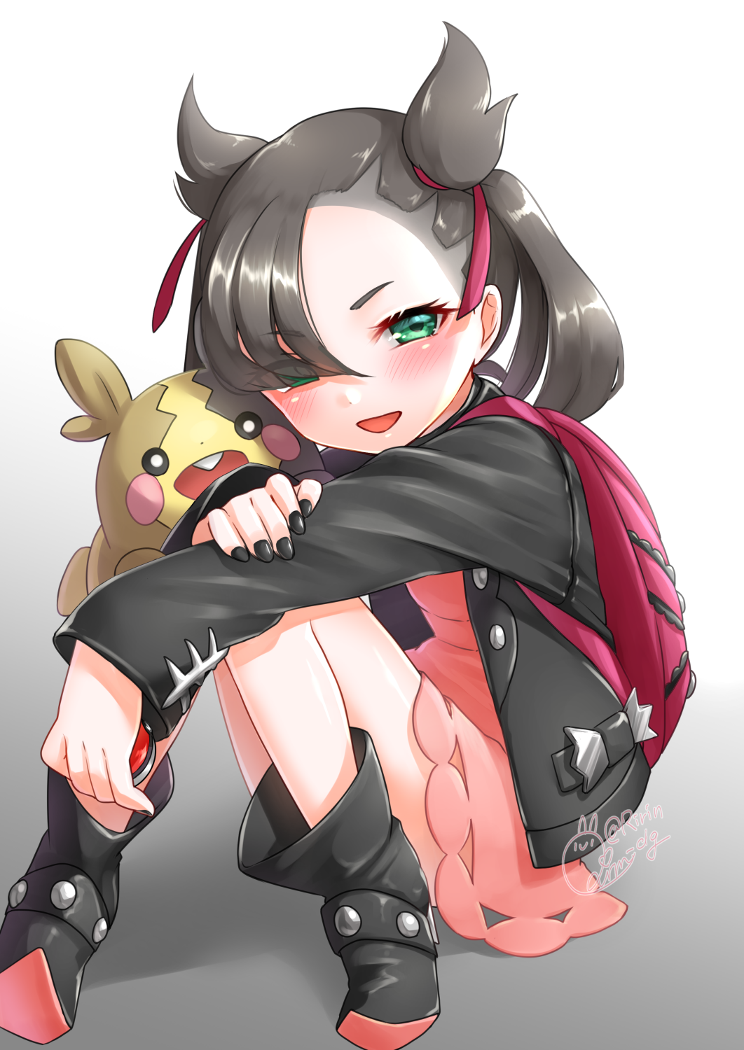 1girl :d asymmetrical_hair backpack bag bangs black_hair black_jacket black_nails choker dress gen_8_pokemon green_eyes hair_over_one_eye hair_ribbon highres jacket long_sleeves looking_at_viewer mary_(pokemon) morpeko nail_polish open_mouth pink_dress poke_ball poke_ball_(generic) pokemon pokemon_(creature) pokemon_(game) pokemon_swsh ribbon simple_background sitting smile twintails white_background yukiririn