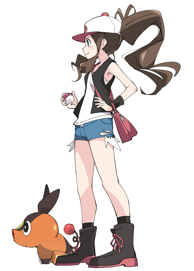 1girl bag baseball_cap black_footwear blue_eyes blue_shorts boots brown_hair closed_mouth full_body gen_5_pokemon hat holding holding_poke_ball ixy long_hair poke_ball poke_ball_(generic) pokemon pokemon_(creature) pokemon_(game) pokemon_bw ponytail profile short_shorts shorts simple_background sleeveless smile socks solo standing tepig touko_(pokemon) white_background white_headwear