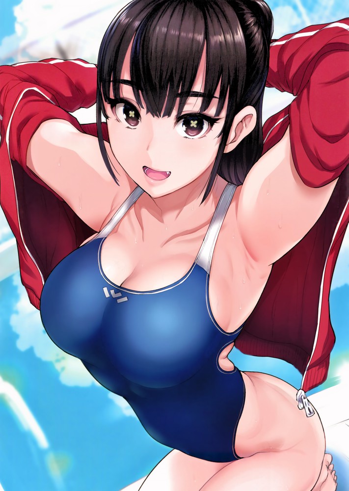 1girl armpit arms_above_head arms_up bangs breasts brown_eyes brown_hair clouds competition_swimsuit fang female foreshortening high_resolution highleg highleg_swimsuit jacket long_hair looking_at_viewer medium_breasts miyamoto_issa open_clothes open_jacket ponytail pov seiza shaped_pupils sidelocks solo sweat symbol-shaped_pupils tied_hair toranoana veiny_breasts