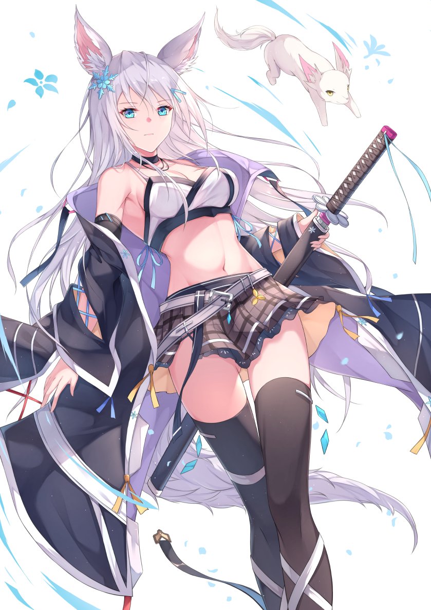 1girl animal_ears armpits bare_shoulders belt black_coat black_legwear blue_eyes breasts brown_skirt choker closed_mouth coat creature crop_top fox_ears fox_tail fuuro_(johnsonwade) hair_ornament holding holding_sword holding_weapon katana long_hair looking_at_viewer medium_breasts midriff miniskirt navel off_shoulder open_clothes open_coat original pleated_skirt sheath sheathed shirt silver_hair skirt sleeveless sleeveless_shirt snowflake_hair_ornament solo spaghetti_strap stomach sword tail thigh-highs weapon white_background white_shirt zettai_ryouiki