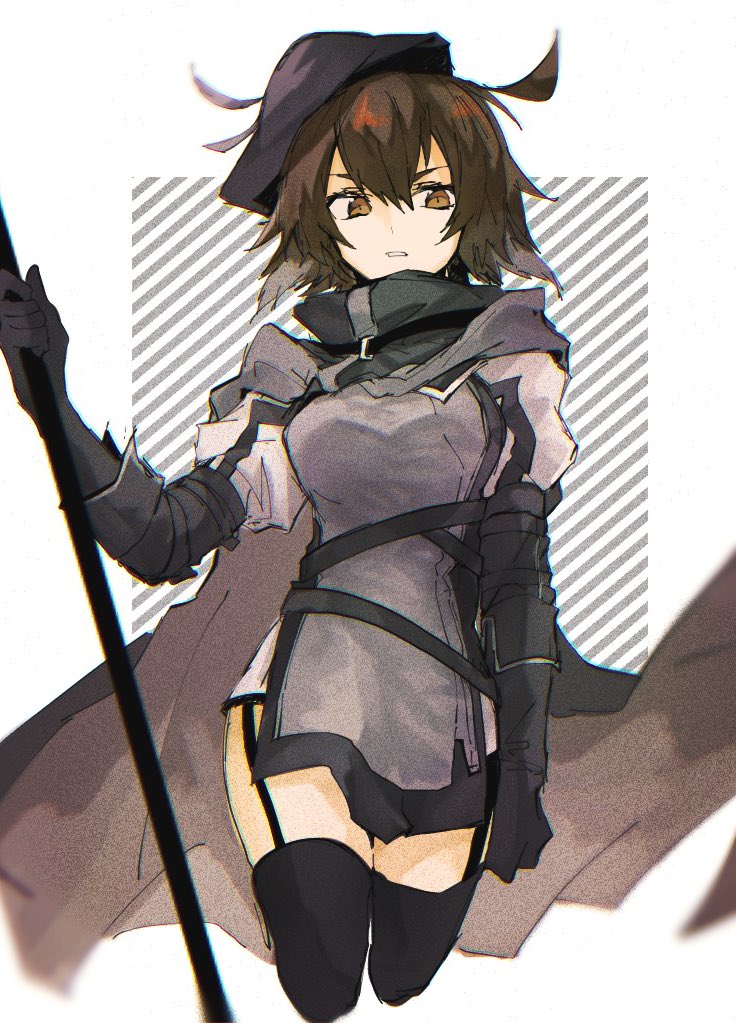 1girl ahoge arknights bangs beret black_cape black_gloves black_headwear black_legwear black_scarf brown_eyes brown_hair cape cropped_legs elbow_gloves garter_straps gloves hair_between_eyes hat holding holding_spear holding_weapon looking_at_viewer multicolored_hair plume_(arknights) polearm scarf short_hair simple_background siomaru810 solo spear thighs weapon white_background