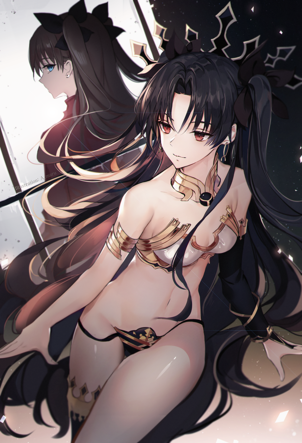 2girls artist_name bangs bare_shoulders black_hair blue_eyes breasts commentary_request crown earrings eyebrows_visible_through_hair fate/grand_order fate_(series) hair_ribbon highres hoop_earrings ishtar_(fate/grand_order) jacket jewelry long_hair looking_at_viewer medium_breasts multiple_girls navel parted_bangs red_eyes red_jacket ribbon single_thighhigh smile thigh-highs toosaka_rin two_side_up unity_(ekvmsp02)