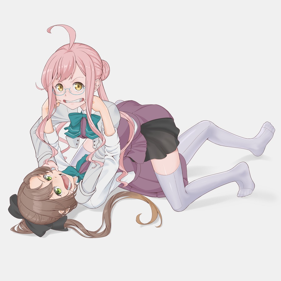 2girls ahoge akigumo_(kantai_collection) blazer boots brown_hair catfight commentary_request cross-laced_footwear double_bun full_body glasses green_eyes grey_background grey_legwear hair_ribbon jacket kantai_collection kito_3_tyoki-tyoki lace-up_boots long_hair long_sleeves makigumo_(kantai_collection) mouth_pull multiple_girls pantyhose pink_hair pleated_skirt ponytail remodel_(kantai_collection) ribbon school_uniform simple_background skirt thigh-highs twintails