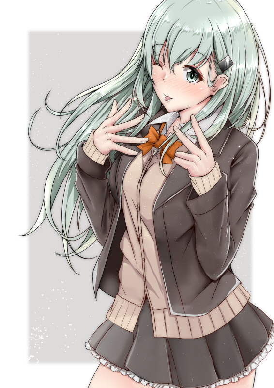 1girl aqua_hair ascot bangs blazer blush border breasts brown_jacket brown_skirt cardigan contrapposto eyebrows_visible_through_hair frilled_skirt frills green_eyes grey_background hair_ornament hairclip jacket kantai_collection large_breasts long_hair looking_at_viewer one_eye_closed pleated_skirt remodel_(kantai_collection) school_uniform shohei_(piranha5hk) sidelocks skirt solo suzuya_(kantai_collection) tehepero tongue tongue_out two-tone_background white_border