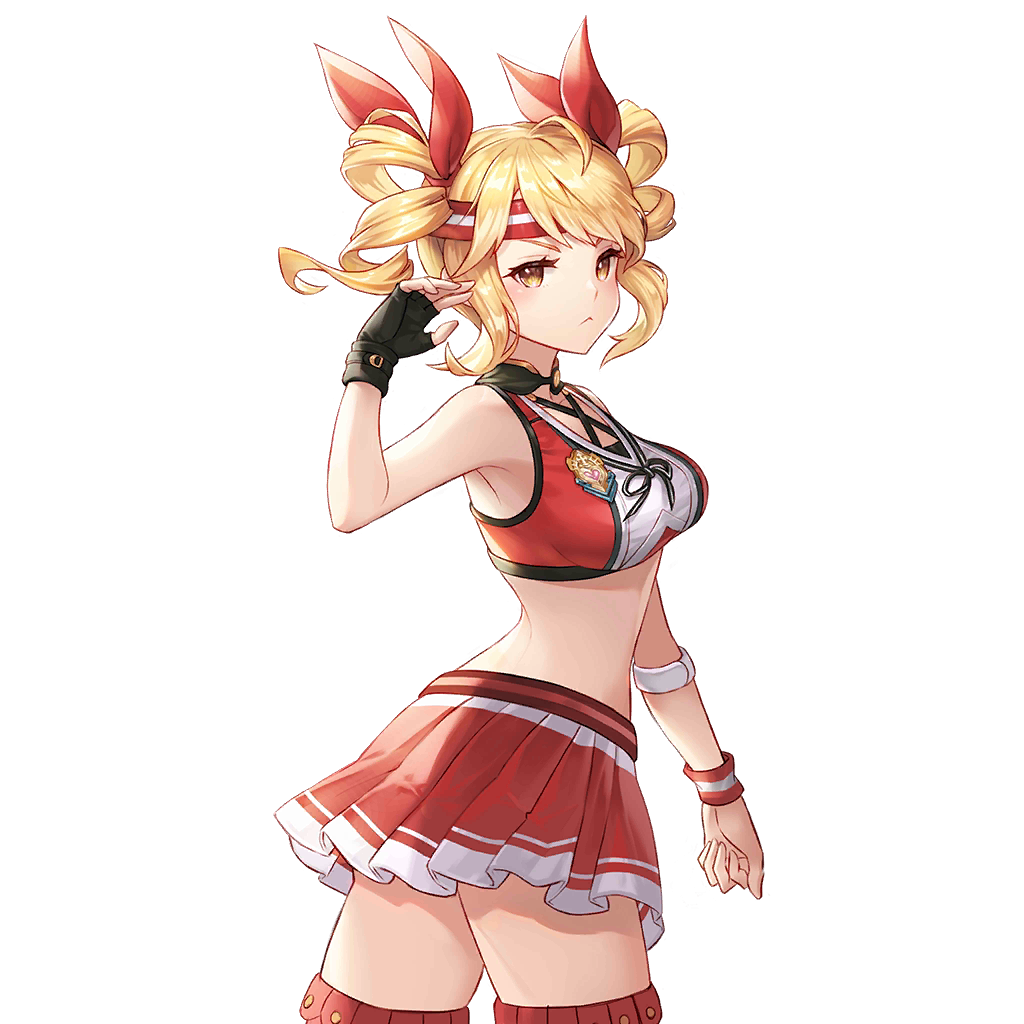 1girl :&lt; ahoge aisha_(king's_raid) armpits bare_shoulders blonde_hair breasts cowboy_shot crop_top fingerless_gloves frown gloves hair_ribbon hand_up headband king's_raid large_breasts long_hair looking_at_viewer looking_to_the_side midriff miniskirt non-web_source official_art pleated_skirt red_shirt red_skirt ribbon shirt sidelocks single_glove skirt sleeveless sleeveless_shirt solo sportswear stomach sweatband tennis_uniform thigh-highs transparent_background twintails v-shaped_eyebrows yellow_eyes zettai_ryouiki