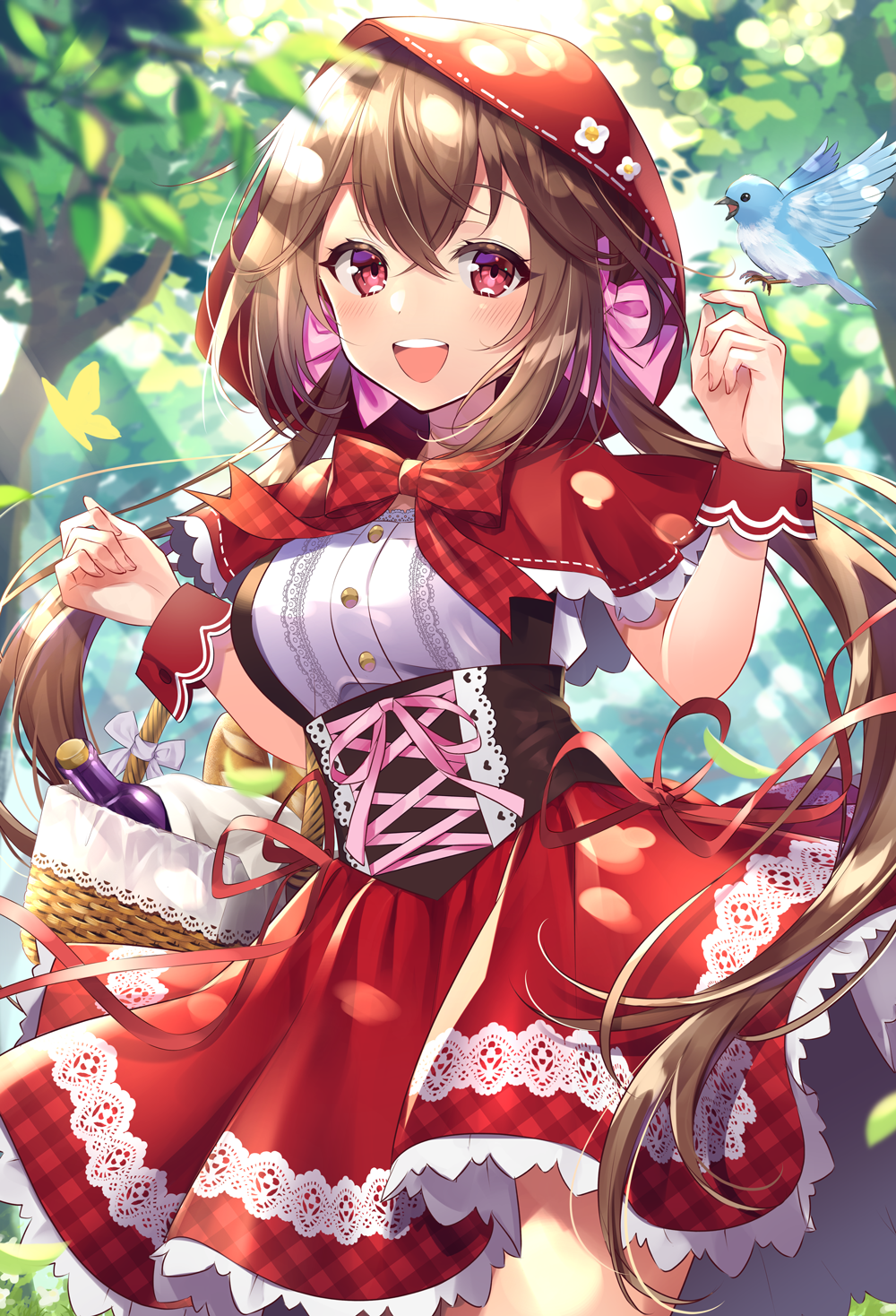 1girl :d animal baguette bangs basket bird blurry blurry_background blurry_foreground blush bottle bow bread breasts brown_hair capelet commentary_request day depth_of_field eyebrows_visible_through_hair flower food hair_between_eyes hair_bow hands_up haruyuki_14 highres hood hood_up hooded_capelet little_red_riding_hood little_red_riding_hood_(grimm) long_hair medium_breasts open_mouth outdoors pink_bow re:wing red_capelet red_eyes red_ribbon red_skirt ribbon round_teeth shirt skirt smile solo teeth tree twintails upper_teeth very_long_hair white_flower white_shirt wrist_cuffs