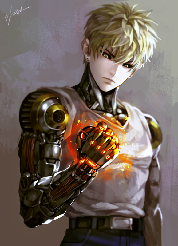 1boy black_sclera blonde_hair blurry clenched_hand cyborg earrings energy genos jewelry kim_yura_(goddess_mechanic) male_focus one-punch_man revision signature solo stud_earrings tank_top upper_body yellow_eyes