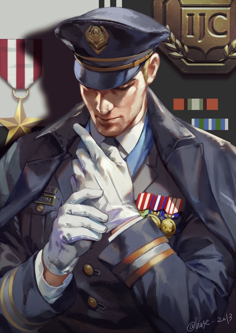 1boy adjusting_clothes adjusting_gloves alternate_costume blonde_hair closed_eyes coat commentary english_commentary formal:_76 gloves hage2013 hat head_down male_focus medal military military_hat military_uniform necktie overcoat overwatch peaked_cap short_hair soldier:_76_(overwatch) solo uniform white_gloves younger