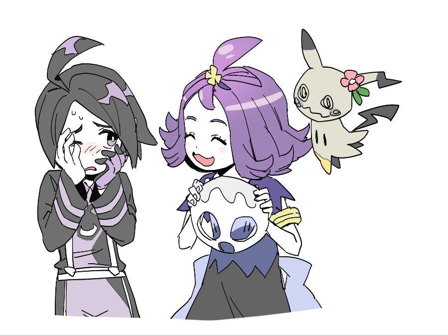 1boy 1girl :3 acerola_(pokemon) ahoge armlet black_hair blush deded_123 dress flipped_hair gloves gym_leader hair_ornament mask mimikyu onion_(pokemon) open_mouth pokemon pokemon_(creature) pokemon_(game) pokemon_sm pokemon_swsh purple_hair short_hair short_sleeves shorts simple_background single_glove smile suspender_shorts suspenders trial_captain violet_eyes