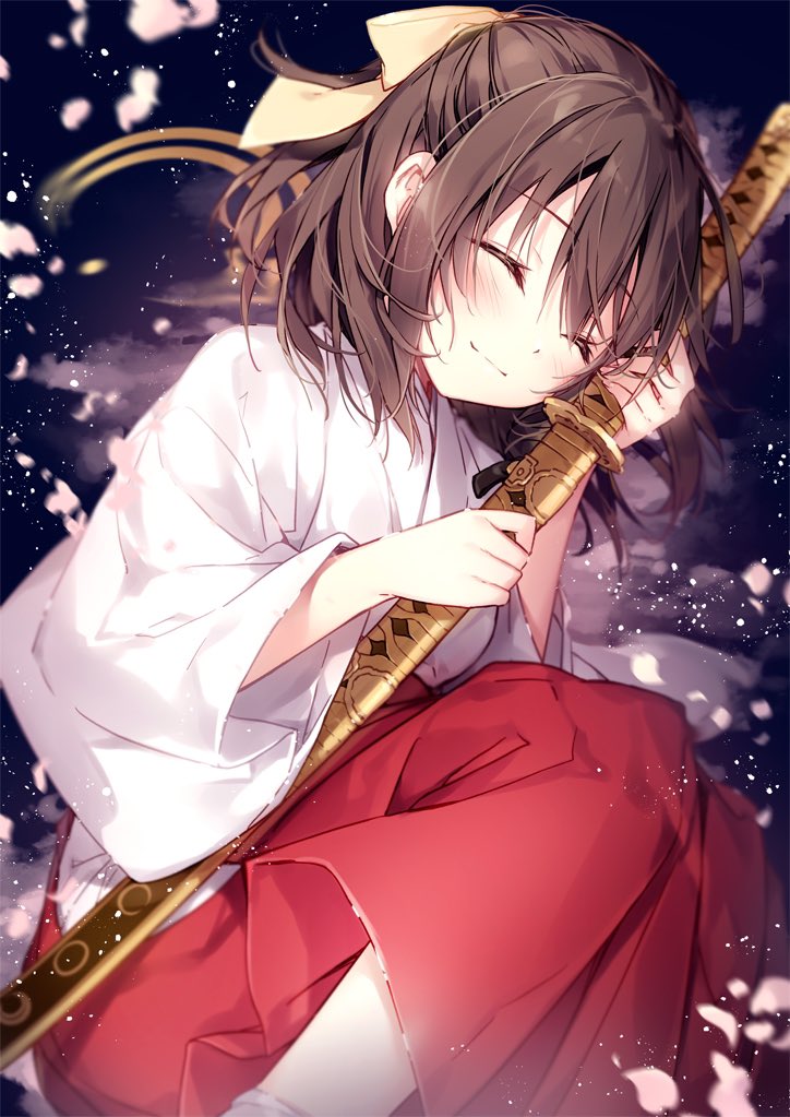 1girl ^_^ blush closed_eyes closed_mouth commentary_request hakama half_updo japanese_clothes katana kimono miko mochizuki_shiina object_hug red_hakama short_hair smile solo sword weapon white_kimono