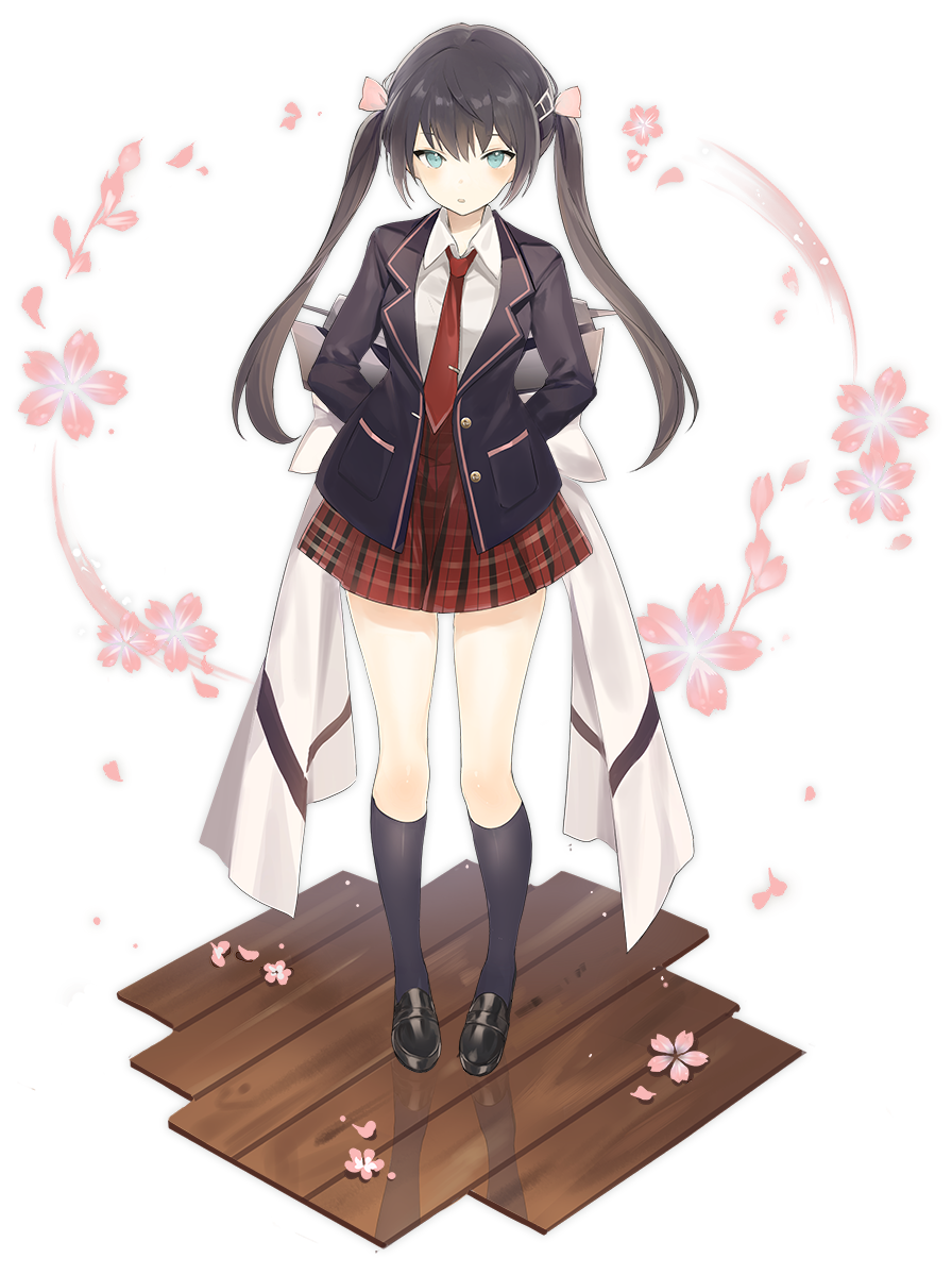 1girl arms_behind_back azur_lane black_hair black_jacket black_legwear blazer blue_eyes bow cherry_blossoms collared_shirt flower full_body glasgow_(a_maid_in_class)_(azur_lane) glasgow_(azur_lane) jacket kneehighs long_hair long_sleeves looking_at_viewer lpip miniskirt necktie official_art open_clothes open_jacket parted_lips petals pink_flower red_neckwear red_skirt reflection school_uniform shirt skirt solo standing thighs transparent_background twintails undershirt white_bow white_shirt wing_collar wooden_floor