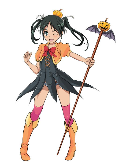 1girl bat_wings blush boots bow bowtie eyebrows_visible_through_hair francesca_lucchini full_body green_eyes green_hair halloween halloween_costume hat jack-o'-lantern knee_boots medium_hair monousa one_eye_closed open_mouth orange_footwear panties pink_legwear pumpkin_hat red_neckwear simple_background smile solo staff standing strike_witches striped striped_panties thigh-highs tongue twintails underwear white_background wings world_witches_series