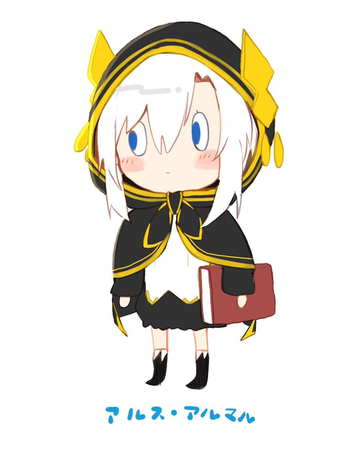 1girl ars_almal bangs black_cape black_footwear black_skirt blue_eyes blush_stickers book boots cape carrying_under_arm chibi closed_mouth daifukumochi_(akaaokiiwo) hair_between_eyes highres hood hood_up hooded_cape long_hair long_sleeves looking_away looking_to_the_side nijisanji shirt sidelocks skirt solo standing translated virtual_youtuber white_hair white_shirt