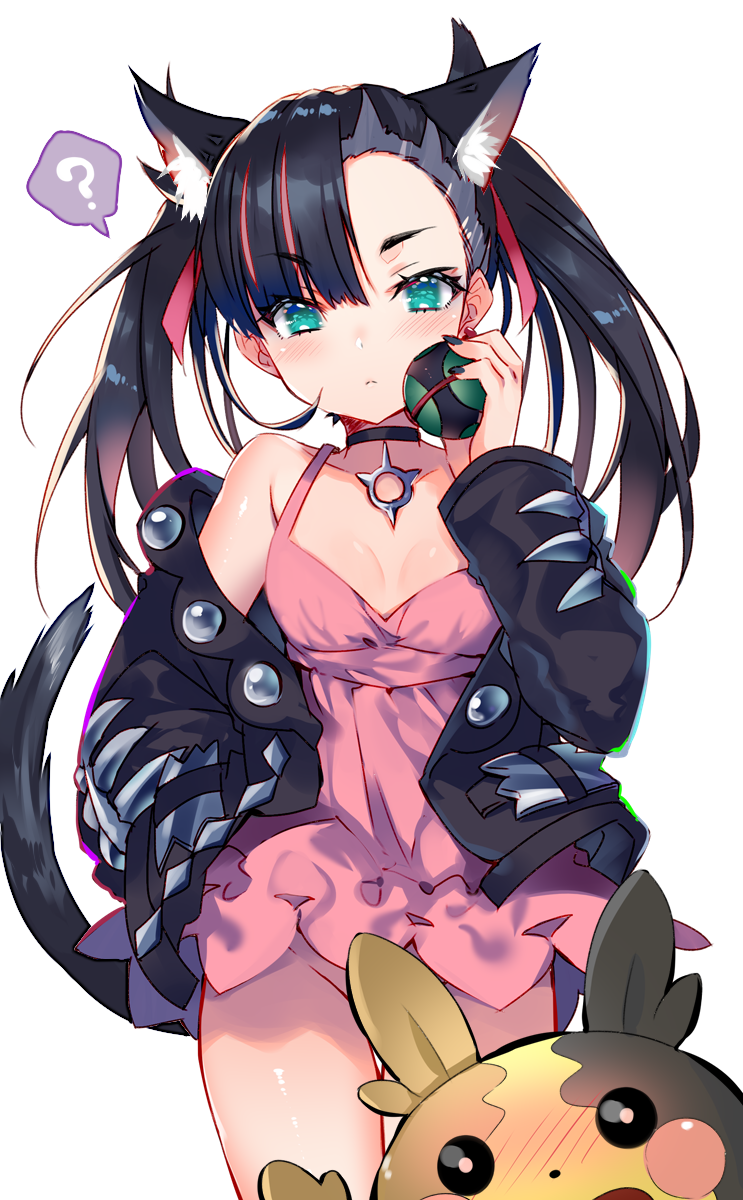 1girl ? animal_ear_fluff animal_ears aqua_eyes asymmetrical_bangs bangs bare_shoulders black_choker black_hair black_jacket black_nails blush breasts cat_ears cat_girl cat_tail choker closed_mouth collarbone convenient_censoring dress dusk_ball earrings gen_8_pokemon groin hair_ribbon hand_up highres holding holding_poke_ball jacket jewelry kemonomimi_mode long_hair long_sleeves looking_at_viewer mary_(pokemon) morpeko multicolored_hair nail_polish no_panties nose_blush off_shoulder open_clothes open_jacket pink_dress poke_ball pokemon pokemon_(creature) pokemon_(game) pokemon_swsh red_ribbon ribbon simple_background sleeveless sleeveless_dress small_breasts spoken_question_mark streaked_hair tail tail_raised twintails usagihime white_background