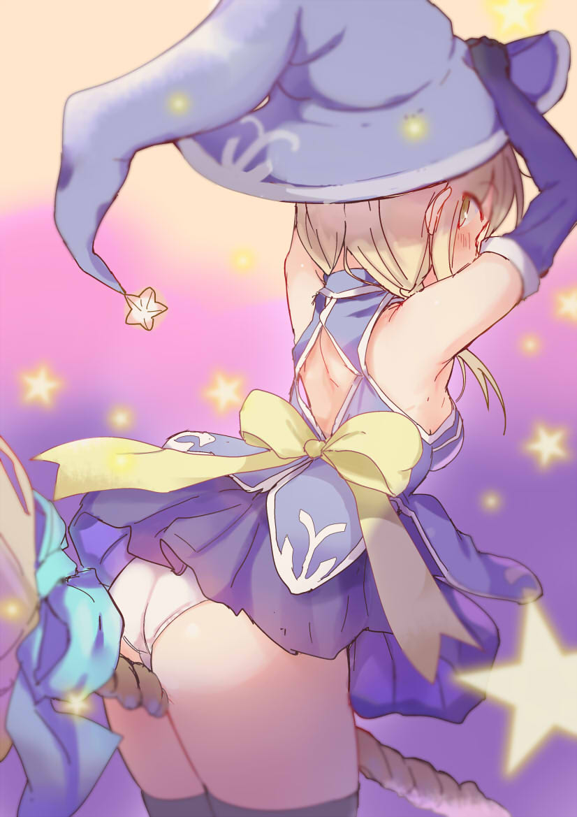 1girl armpits arms_up ass back bare_shoulders blonde_hair blue_dress blue_gloves blurry blush braid breasts broom broom_riding detached_sleeves dress elbow_gloves eyebrows_visible_through_hair facing_away from_behind gloves hands_on_headwear hat ichii_yui looking_back multicolored multicolored_background panties pantyshot ribbon sideboob skirt solo star starry_background tatsunokosso teenage thigh-highs tied_hair twin_braids underwear white_panties witch witch_hat yellow_eyes yellow_ribbon yuyushiki