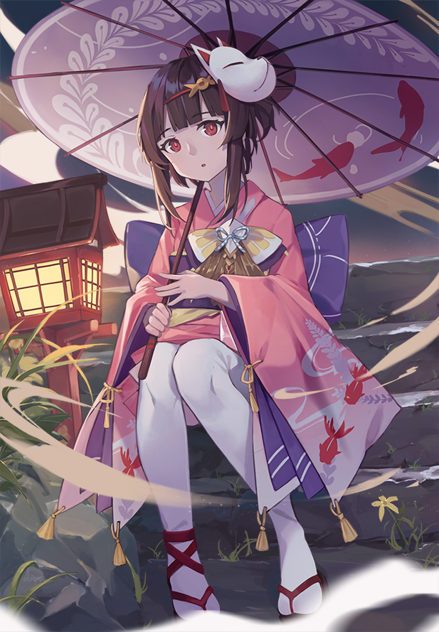 1girl daitengu fish fish_hair_ornament goldfish hair_ornament japanese_clothes kagura_(onmyoji) kimono kimono_skirt mask onmyoji onmyouji oriental_umbrella red_eyes ribbon sandals shiroraku umbrella white_legwear