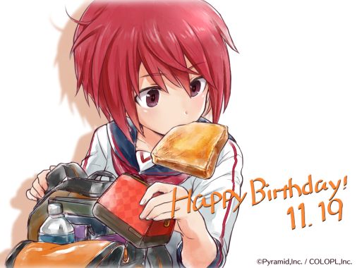 1girl alice_gear_aegis backpack bag bottle commentary_request food food_in_mouth handbag happy_birthday himukai_rin mouth_hold neckerchief official_art red_eyes red_neckwear redhead sailor_collar shimada_fumikane short_hair sleeves_past_elbows solo toast toast_in_mouth upper_body white_background