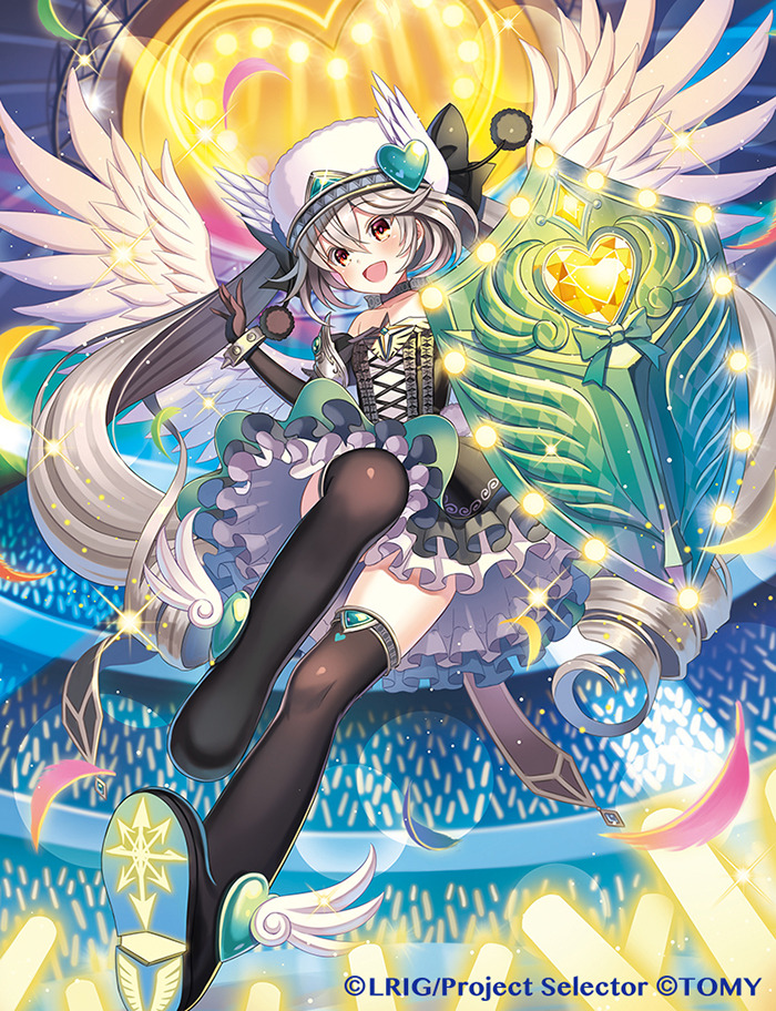 1girl aqua_bow black_bow black_dress black_gloves black_legwear bow bracelet brown_eyes crowd dress flat_chest frills gloves glowstick hat hat_bow hat_ornament heart indoors jewelry long_hair madopen official_art shield shoes silver_hair spiked_bracelet spikes thigh-highs white_headwear white_wings winged_shoes wings wixoss