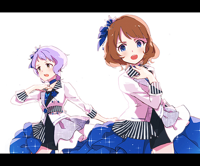 2girls bangs black_dress blue_choker blue_eyes blue_ribbon blush brown_eyes brown_hair choker dress enu_(roco_roco44) hair_ornament hair_ribbon hand_up idolmaster idolmaster_million_live! idolmaster_million_live!_theater_days jacket letterboxed long_sleeves looking_at_viewer makabe_mizuki multiple_girls open_mouth purple_hair ribbon simple_background sparkle suou_momoko upper_teeth white_background white_jacket