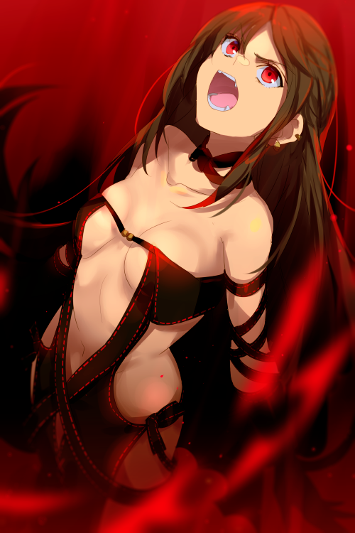 1girl bangs bare_shoulders black_dress black_gloves breasts brown_hair center_opening choker cis05 collarbone consort_yu_(fate) dress ear_piercing earrings elbow_gloves fangs fate/grand_order fate_(series) gloves hair_between_eyes jewelry long_hair looking_up multiple_earrings navel open_mouth piercing red_eyes revealing_clothes ribbon-trimmed_dress small_breasts solo strapless strapless_dress very_long_hair