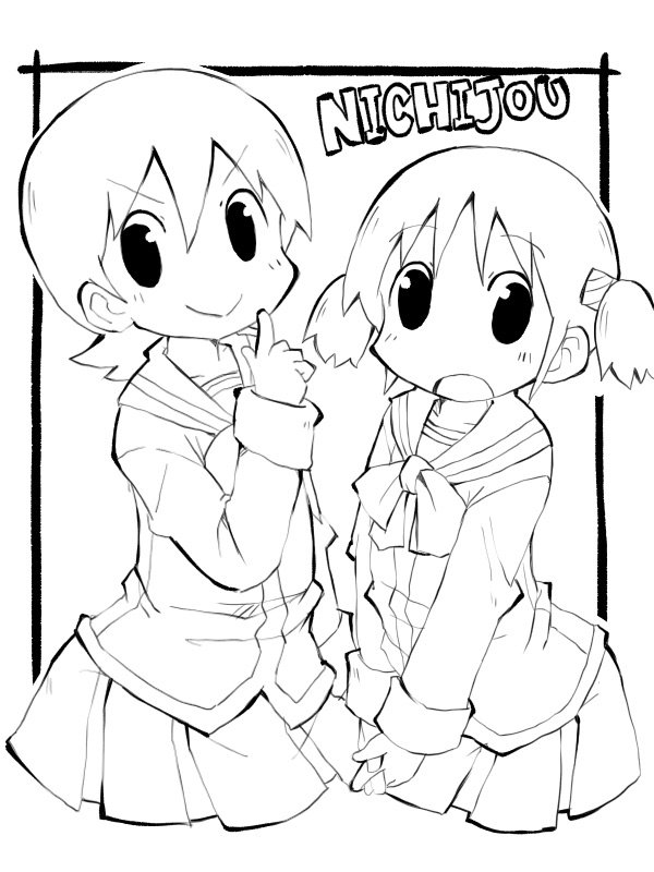 &gt;:) 2girls aioi_yuuko bangs eyebrows_visible_through_hair frame greyscale hair_cubes hair_ornament hands_together monochrome multiple_girls naganohara_mio nichijou no_legs open_mouth pointing pointing_up ribbon school_uniform short_hair short_twintails simple_background skirt smile teenage tokisadame_school_uniform twintails uncolored white_background zubatto_(makoto)