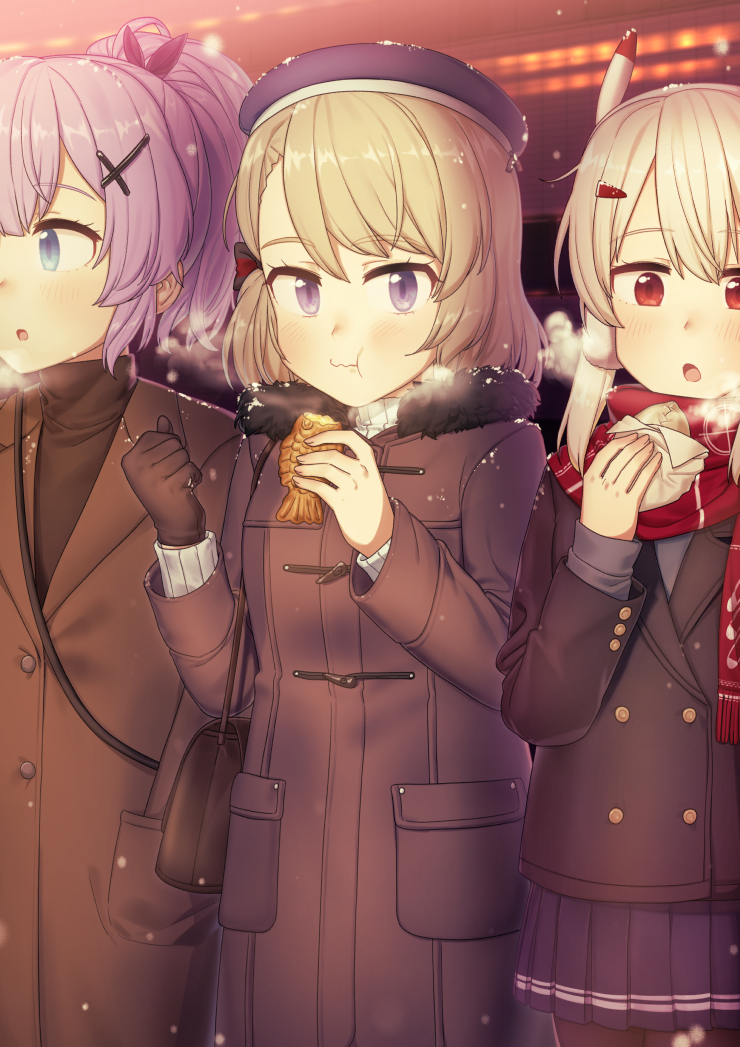 3girls alternate_costume ayanami_(azur_lane) azur_lane bangs beret black_gloves black_jacket blonde_hair blue_eyes blue_skirt breath buttons chewing closed_mouth coat commentary double-breasted eating eyebrows_visible_through_hair food fur-trimmed_jacket fur_trim gloves hat holding holding_food jacket javelin_(azur_lane) long_sleeves minigun_(artist) multiple_girls outdoors platinum_blonde_hair pleated_skirt purple_hair red_eyes red_scarf ribbed_sweater scarf sidelocks single_glove skirt snow snowing sweater sweater_under_jacket taiyaki violet_eyes wagashi wavy_mouth winter winter_clothes winter_coat z23_(azur_lane)