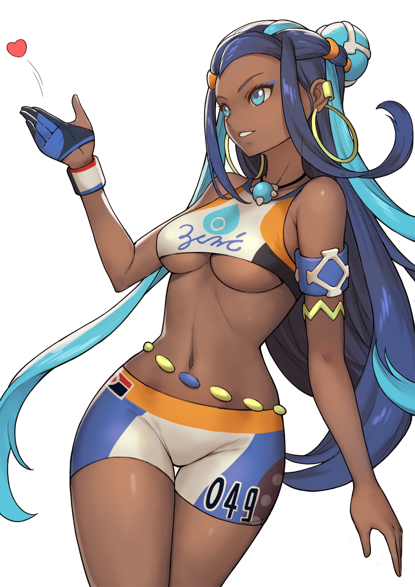 1girl armlet bare_shoulders black_hair blue_gloves blue_hair breasts cowboy_shot crop_top crop_top_overhang dark_skin earrings eyeshadow gloves gym_leader heart hoop_earrings jewelry long_hair makeup multicolored_hair navel necklace panties partly_fingerless_gloves pokemon pokemon_(game) pokemon_swsh rurina_(pokemon) short_shorts shorts simple_background smile solo sports_bra stomach thigh_gap thighs tsuki_suigetsu two-tone_hair under_boob underwear very_long_hair white_background