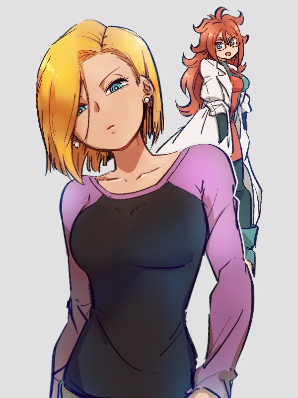 2girls :d android_18 android_21 blonde_hair blue_eyes breasts checkered checkered_dress closed_mouth collarbone dragon_ball dragon_ball_fighterz dragon_ball_z dress earrings glasses grey_background hair_over_one_eye hand_in_pocket jewelry kemachiku labcoat long_hair long_sleeves looking_at_viewer medium_breasts multiple_girls open_mouth redhead shirt short_hair simple_background smile standing white_earrings