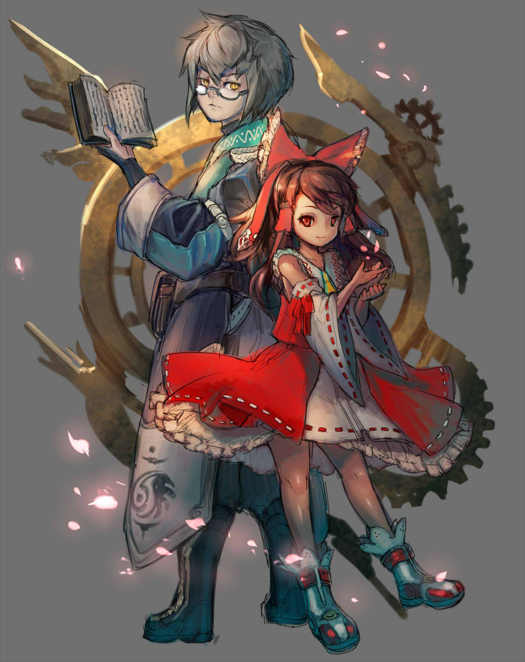 1boy 1girl bangs belt_pouch book boots brown_hair curiosities_of_lotus_asia detached_sleeves dress frills gears glasses hair_ribbon hakurei_reimu highres japanese_clothes long_sleeves morichika_rinnosuke nontraditional_miko petals pouch red_eyes red_ribbon ribbon shoes silver_hair touhou wide_sleeves yellow_eyes yuukoo