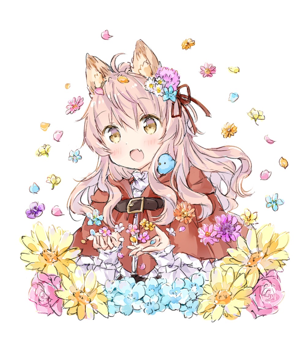 1girl :d ahoge animal animal_ear_fluff animal_ears bangs bird blue_flower bluebird blush brown_eyes brown_flower capelet commentary_request eyebrows_visible_through_hair fang flower hair_between_eyes hair_flower hair_ornament hair_ribbon hood hood_down hooded_capelet long_hair long_sleeves open_mouth original petals pink_flower pink_hair pink_rose red_capelet red_ribbon ribbon rose shirt simple_background sleeves_past_wrists smile solo wataame27 white_background white_shirt wolf-chan_(wataame27) wolf_ears yellow_flower