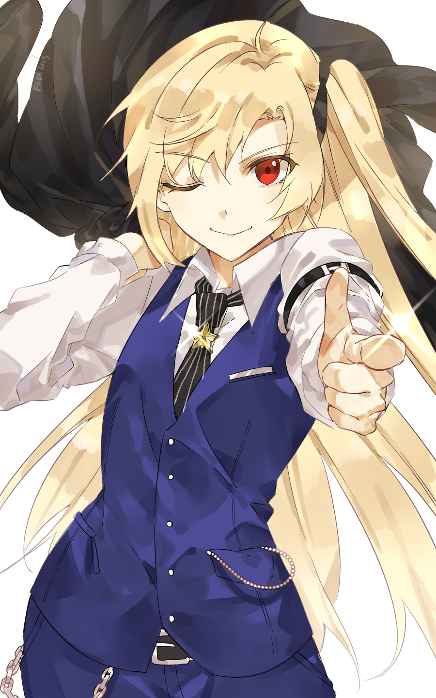 azur_lane black_neckwear blonde_hair blue_pants blue_vest cleveland_(azur_lane) cleveland_(gentry_knight)_(azur_lane) collared_shirt dress_shirt fare formal highres holding holding_jacket jacket jacket_removed necktie one_side_up pant_suit pants red_eyes shirt striped striped_neckwear suit tomboy vertical-striped_neckwear vest