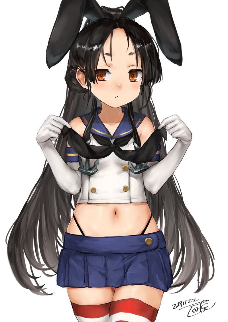 1girl black_hair black_panties blue_skirt breasts brown_eyes commentary cosplay cowboy_shot crop_top elbow_gloves gloves hairband high_ponytail highleg highleg_panties kantai_collection long_hair midriff miniskirt navel nisshin_(kantai_collection) panties pleated_skirt sailor_collar shimakaze_(kantai_collection) shimakaze_(kantai_collection)_(cosplay) short_eyebrows simple_background skirt small_breasts solo striped striped_legwear thick_eyebrows thigh-highs thong toka_(marchlizard) underwear very_long_hair white_background white_gloves