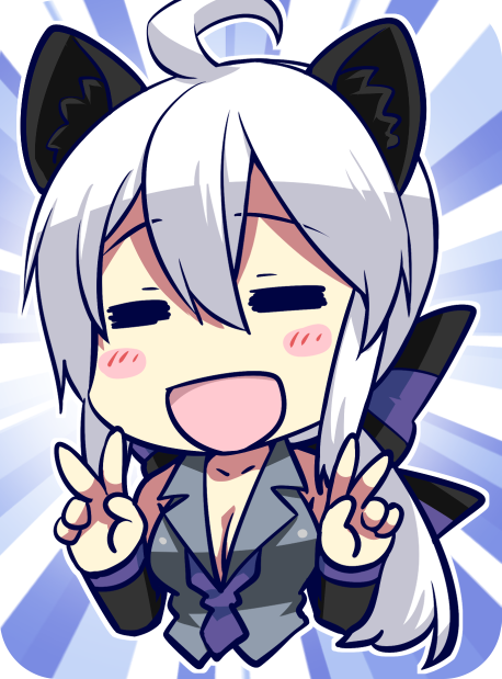 1girl :d =_= ahoge animal_ears blush_stickers bow breasts caffein cat_ears chibi closed_eyes double_v emphasis_lines facing_viewer grey_shirt hair_bow hands_up long_hair medium_breasts necktie open_mouth ponytail purple_neckwear shirt smile solo striped striped_bow upper_body v vocaloid voyakiloid white_hair yowane_haku