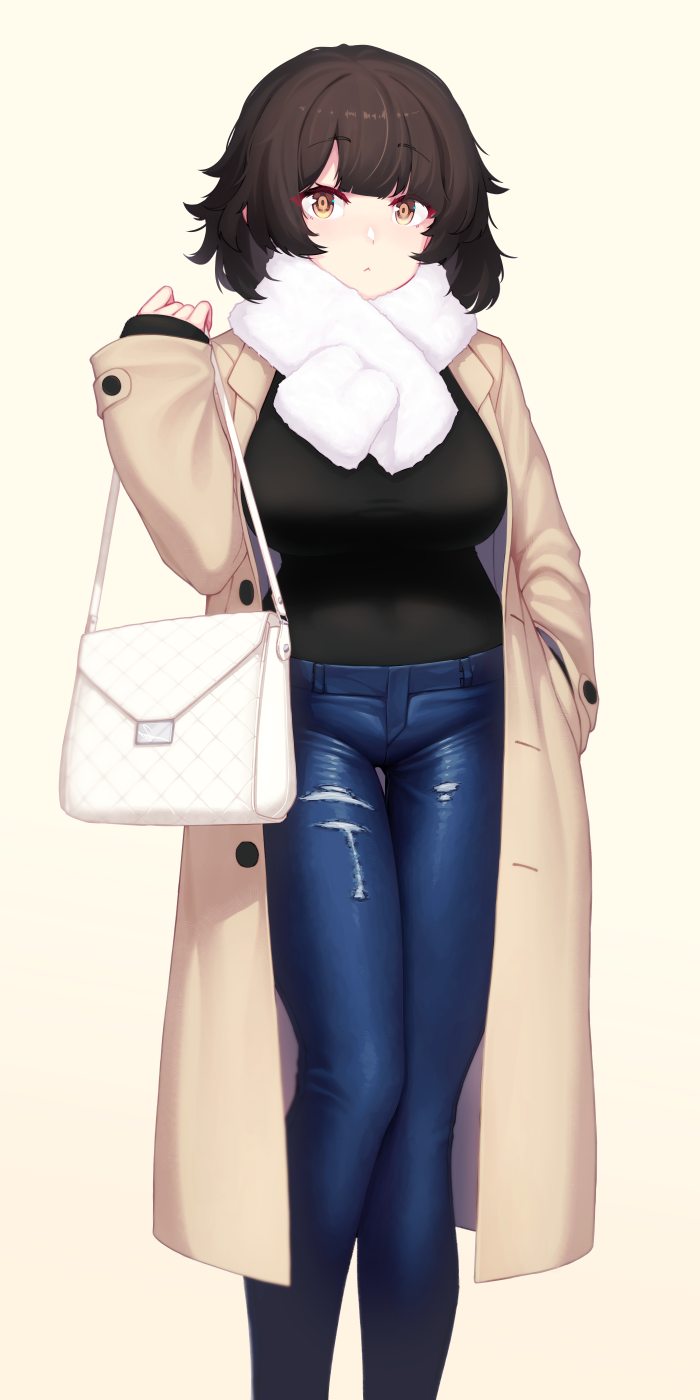 1girl :&lt; bag bangs beige_background black_hair black_shirt blue_pants breasts brown_coat brown_eyes closed_mouth coat commentary_request denim dev eyebrows_visible_through_hair hand_in_pocket hand_up handbag highres holding holding_bag jeans large_breasts long_sleeves looking_at_viewer open_clothes open_coat original pants scarf shirt sleeves_past_wrists solo torn_clothes torn_pants white_scarf