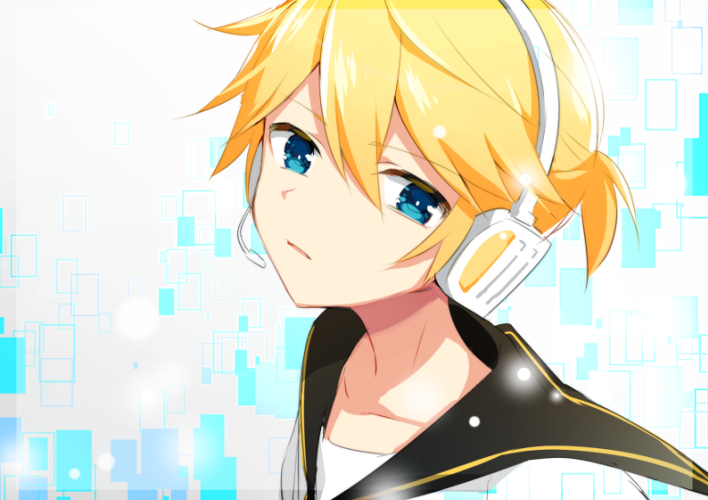 1boy black_collar blonde_hair blue_eyes collar collarbone digital_dissolve expressionless head_tilt headphones kagamine_len looking_at_viewer looking_to_the_side male_focus mizuhoshi_taichi parted_lips portrait sailor_collar school_uniform shirt short_hair short_ponytail vocaloid white_shirt