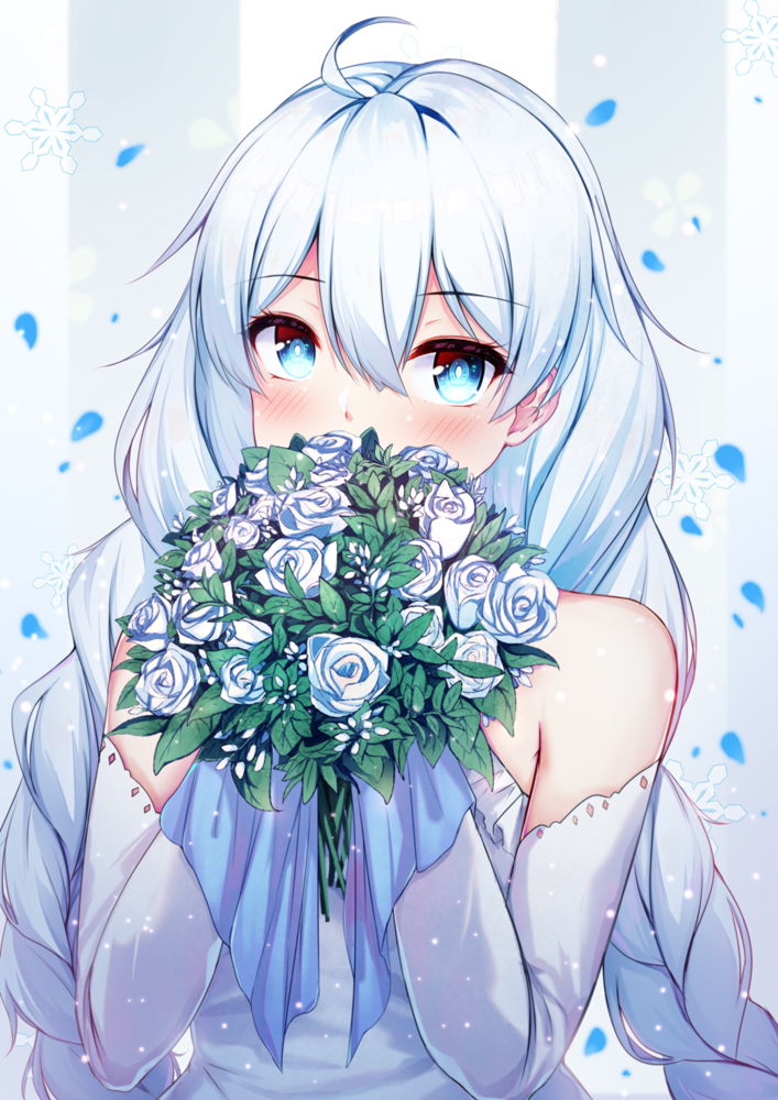 1girl ahoge bangs bare_shoulders blue_eyes blush bouquet braid breasts bride commentary_request covered_mouth covering_mouth detached_sleeves dress elbow_gloves eyebrows_visible_through_hair flower gloves hair_between_eyes hands_up holding holding_bouquet honkai_(series) honkai_impact_3rd kiana_kaslana long_hair long_sleeves looking_at_viewer qunqing rose sidelocks silver_hair sleeveless sleeveless_dress snowflakes solo twin_braids upper_body very_long_hair wedding_dress white_dress white_flower white_rose white_sleeves