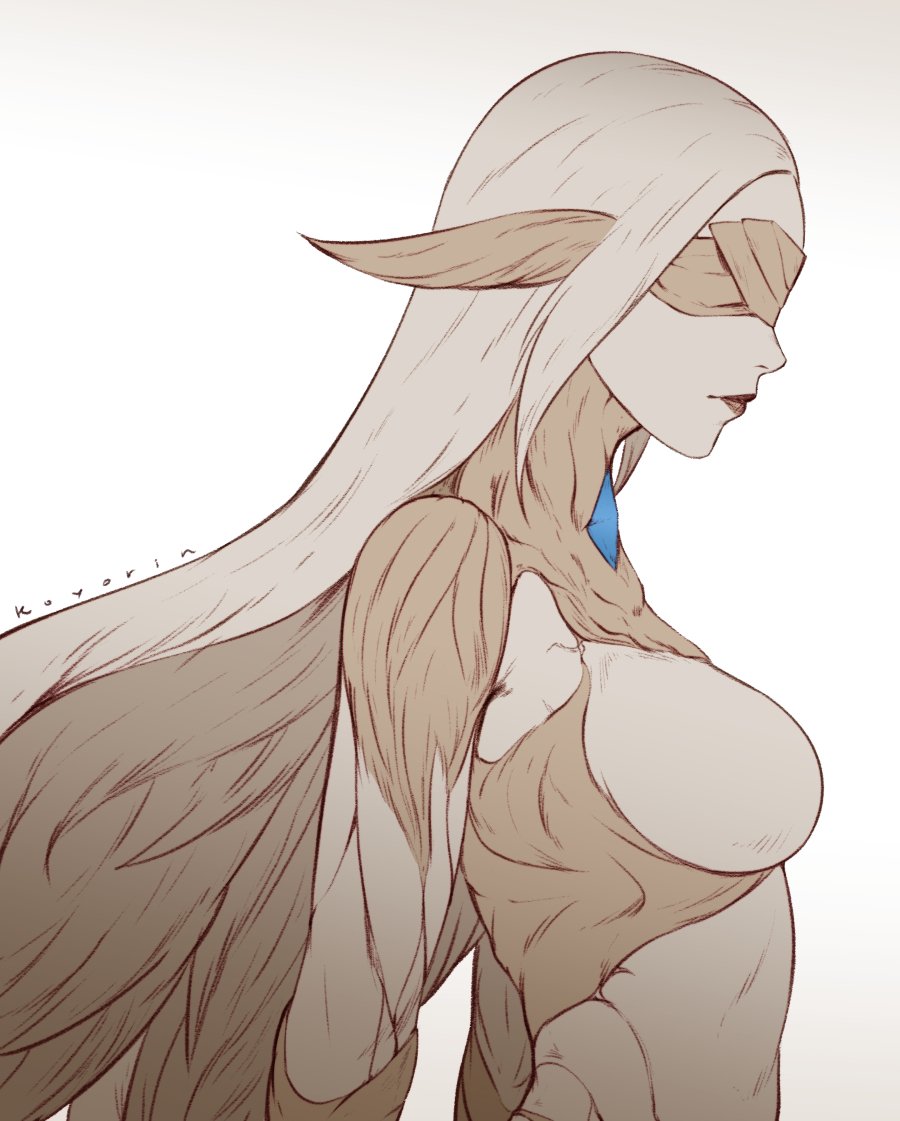 1girl artist_name blindfold closed_mouth cracked_skin final_fantasy final_fantasy_xiv koyorin lips long_hair no_nipples profile sin_eater_(ff14) solo spot_color upper_body white_background