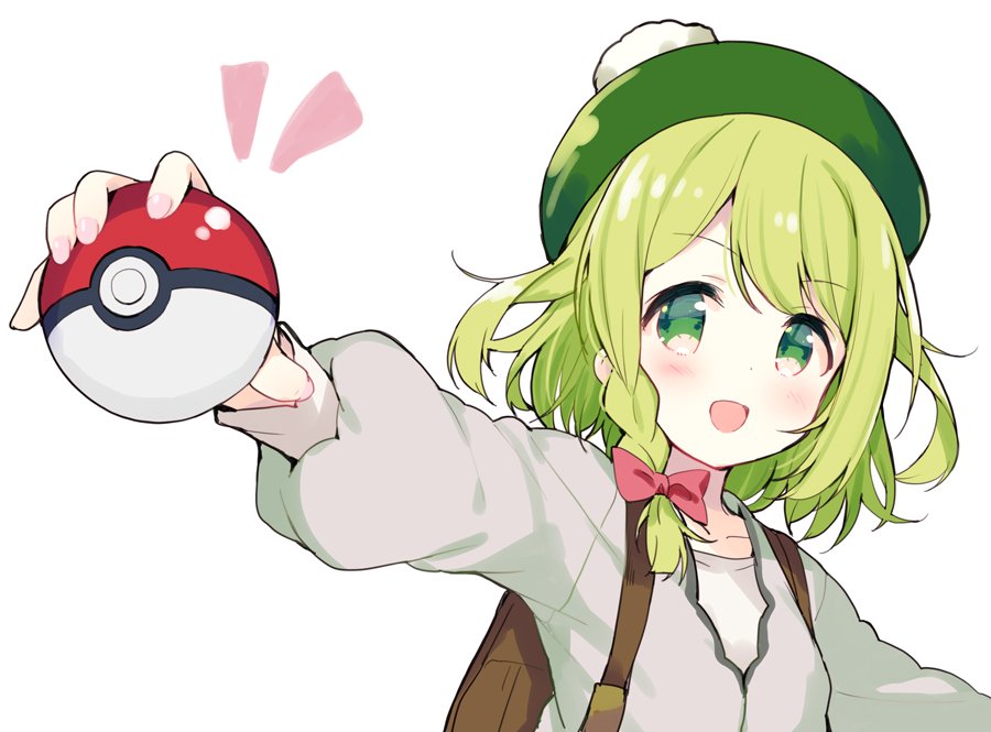 1girl :d backpack bag bangs blush bow braid collarbone commentary_request cosplay eyebrows_visible_through_hair fingernails green_eyes green_hair green_headwear grey_jacket hair_bow holding holding_poke_ball jacket long_sleeves meito_(maze) morinaka_kazaki nail_polish nijisanji notice_lines open_mouth outstretched_arm pink_nails poke_ball poke_ball_(generic) pokemon pokemon_(game) pokemon_swsh puffy_long_sleeves puffy_sleeves red_bow shirt simple_background single_braid smile solo tam_o'_shanter upper_body v-shaped_eyebrows virtual_youtuber white_background white_shirt yuuri_(pokemon) yuuri_(pokemon)_(cosplay)