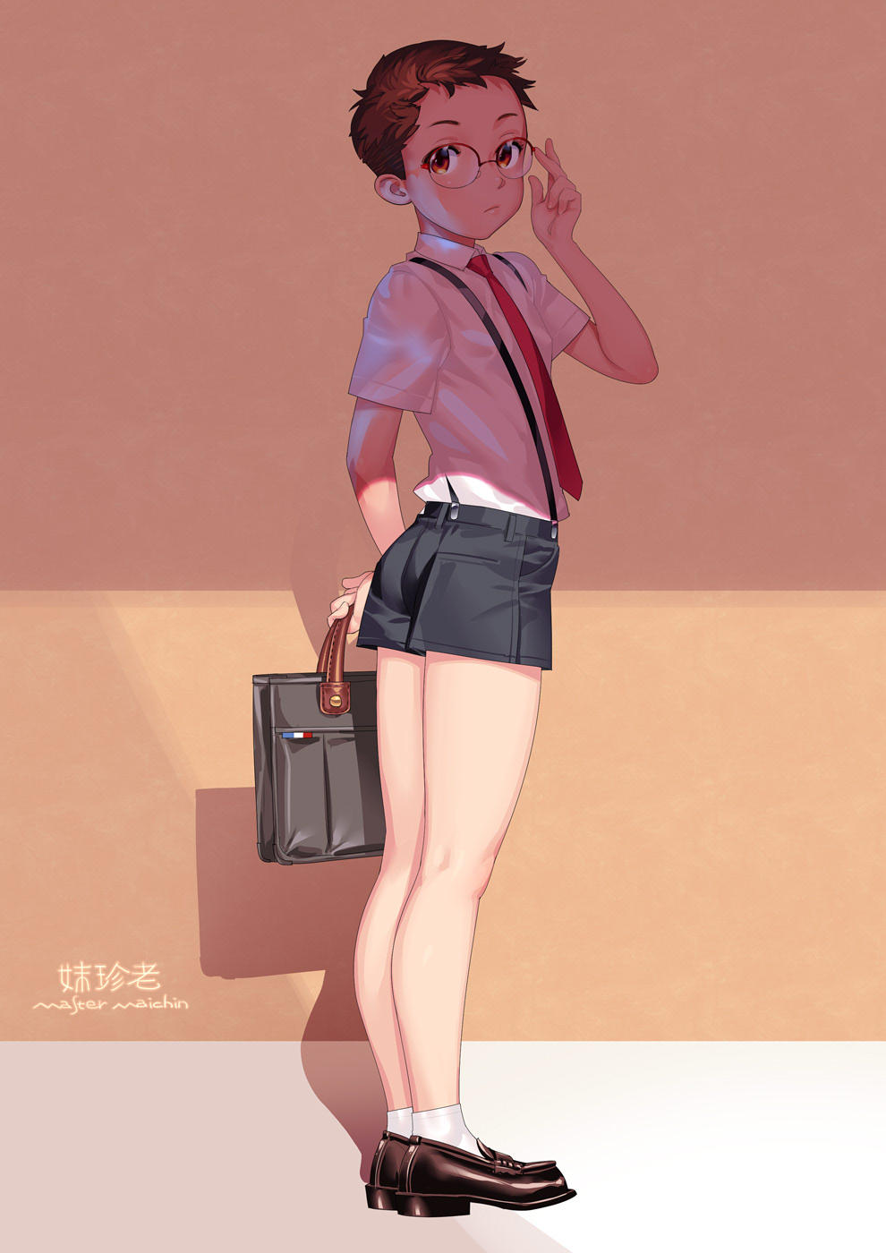 1boy adjusting_eyewear bag bangs eyebrows_visible_through_hair full_body hair_between_eyes highres kneepits loafers looking_at_viewer looking_back male_focus master_maichin necktie original red_eyes redhead shoes short_shorts shorts socks suspender_shorts suspenders