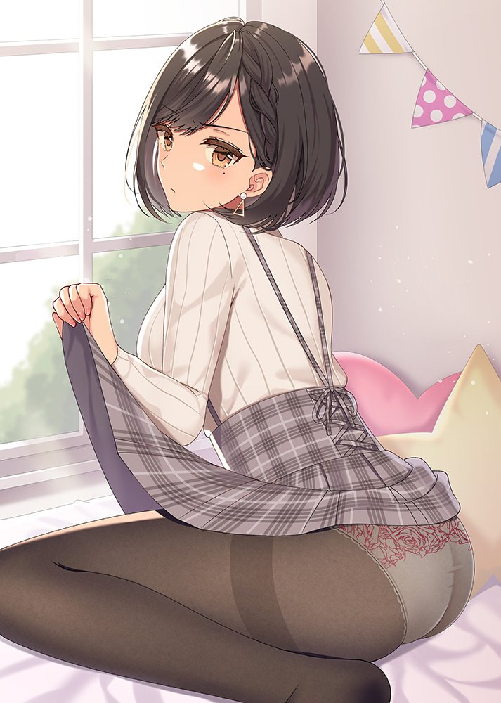 &gt;:( 1girl ass bangs black_hair black_legwear blush braid brown_eyes commentary_request day earrings fine_fabric_emphasis grey_skirt indoors izumo_neru jewelry lifted_by_self long_hair looking_back miru_tights mole mole_under_eye on_bed panties panties_under_pantyhose pantyhose parted_lips plaid plaid_skirt ribbed_sweater short_hair sidelocks sitting skirt skirt_lift solo suspender_skirt suspenders sweater thighband_pantyhose underwear wariza white_panties white_sweater window