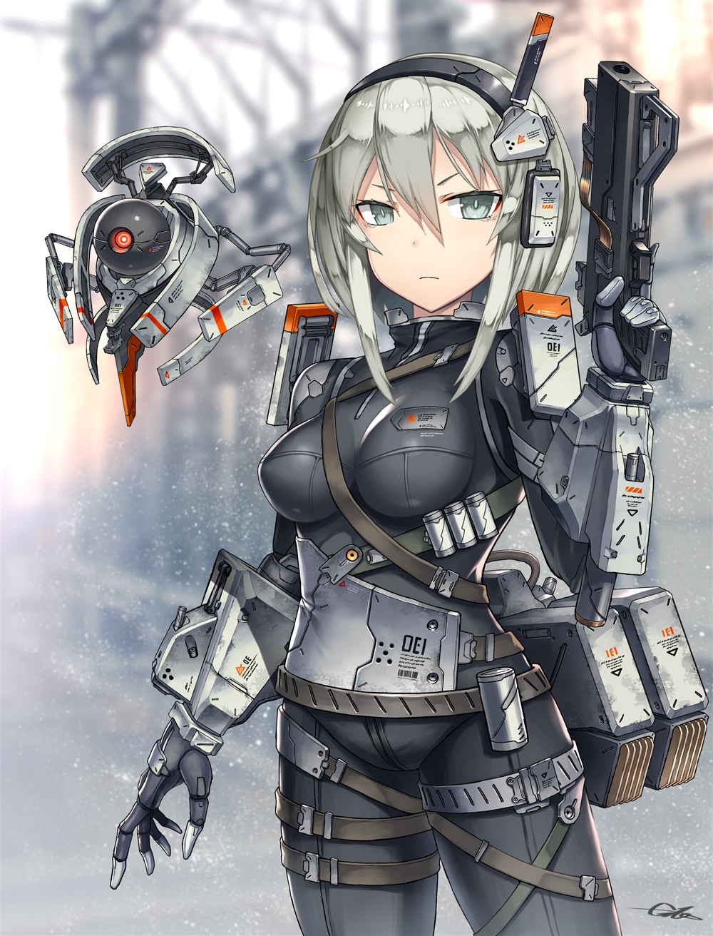 1girl bangs belt black_bodysuit blurry blurry_background bodysuit breasts breasts_apart drone gia grey_eyes grey_hair gun hair_between_eyes headphones highres holding holding_gun holding_weapon impossible_clothes looking_at_viewer mechanical_hands medium_breasts original outdoors short_hair short_hair_with_long_locks solo standing thigh_strap weapon