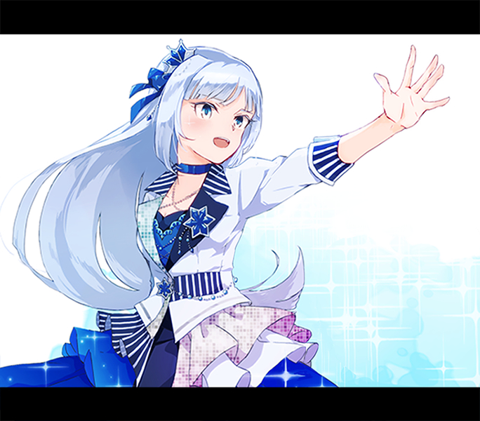 1girl blue_bow blue_choker blue_dress blue_eyes bow choker dress enu_(roco_roco44) hair_bow hair_ornament idolmaster idolmaster_million_live! idolmaster_million_live!_theater_days jacket letterboxed long_hair looking_away open_mouth outstretched_arm shiraishi_tsumugi short_sleeves silver_hair solo sparkle_background upper_teeth very_long_hair white_jacket