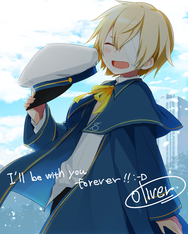 1boy backlighting bandage_over_one_eye blonde_hair bloom blue_capelet blue_jacket blue_sky blush building capelet character_name closed_eyes clouds cloudy_sky cowboy_shot day english_text fang hand_up hat holding holding_hat jacket male_focus mizuhoshi_taichi oliver_(vocaloid) open_mouth outdoors sailor_collar sailor_hat shirt short_hair skin_fang sky smile solo vocaloid white_shirt