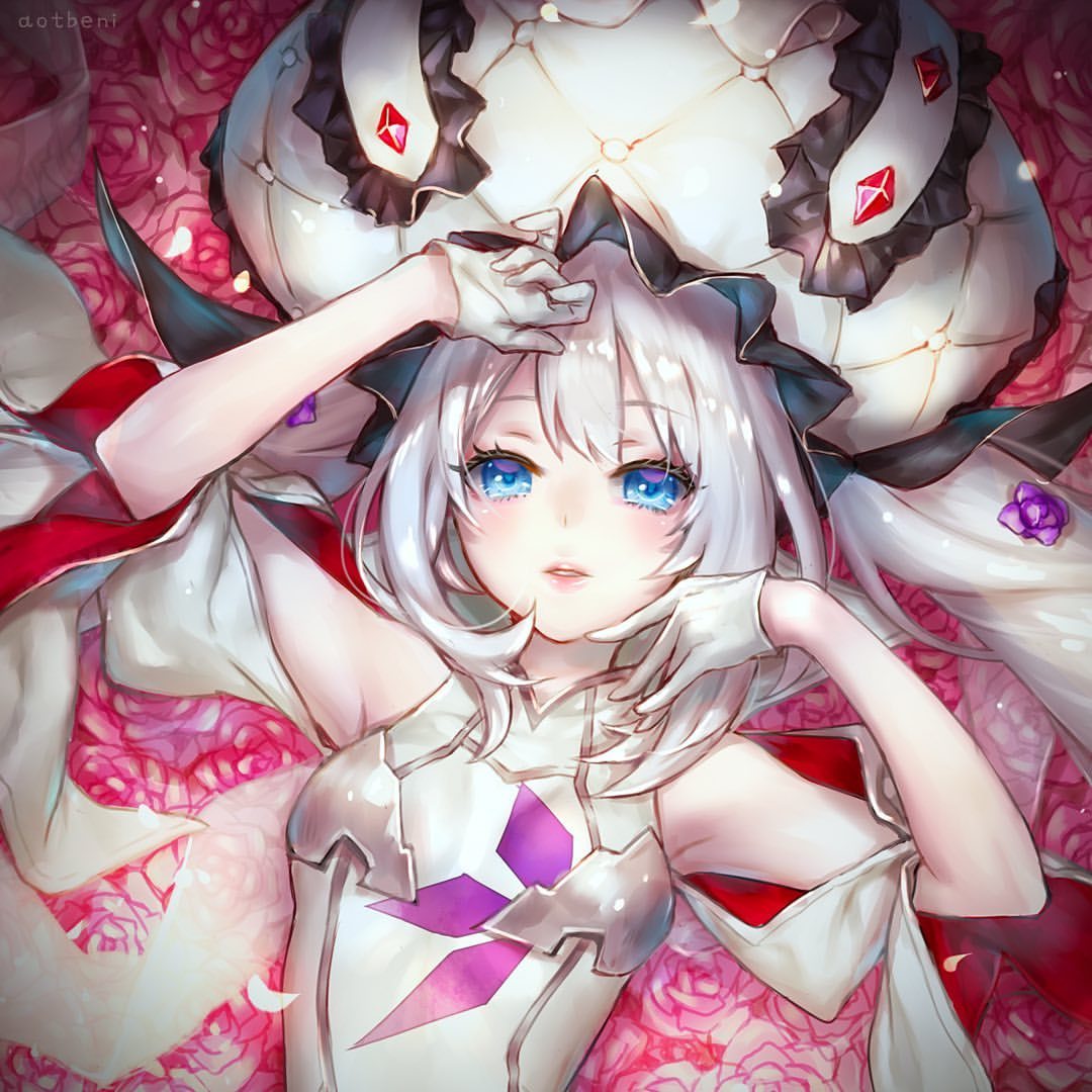 1girl ao+beni arms_up artist_name blue_eyes eyebrows_visible_through_hair fate/grand_order fate_(series) flower gem gloves hat lips marie_antoinette_(fate/grand_order) rose watermark white_gloves white_hair