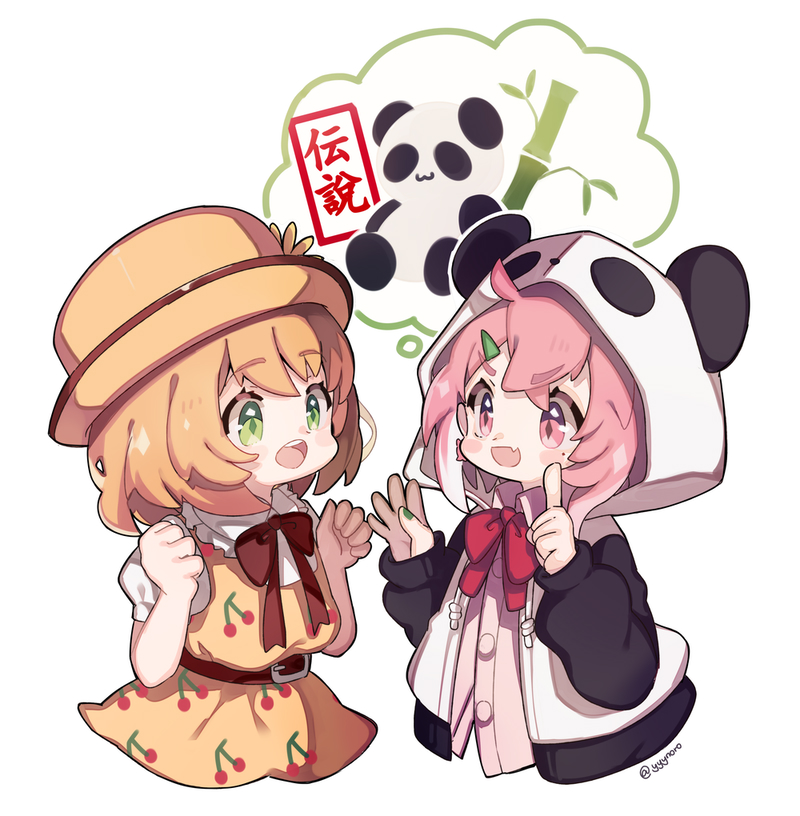 2girls :d ahoge animal_ears animal_hood bangs blush bow brown_dress brown_hair brown_headwear captain_yue collared_shirt cropped_torso dress dress_shirt eye_contact eyebrows_visible_through_hair fake_animal_ears fang frilled_shirt_collar frills green_eyes green_nails hands_up hat honma_himawari hood hood_up hooded_jacket index_finger_raised jacket long_sleeves looking_at_another multiple_girls nail_polish nijisanji open_mouth panda panda_ears panda_hood pink_hair pink_shirt puffy_short_sleeves puffy_sleeves red_bow red_eyes sasaki_saku shirt short_sleeves sleeveless sleeveless_dress sleeves_past_wrists smile thick_eyebrows twitter_username upper_body virtual_youtuber white_background white_shirt