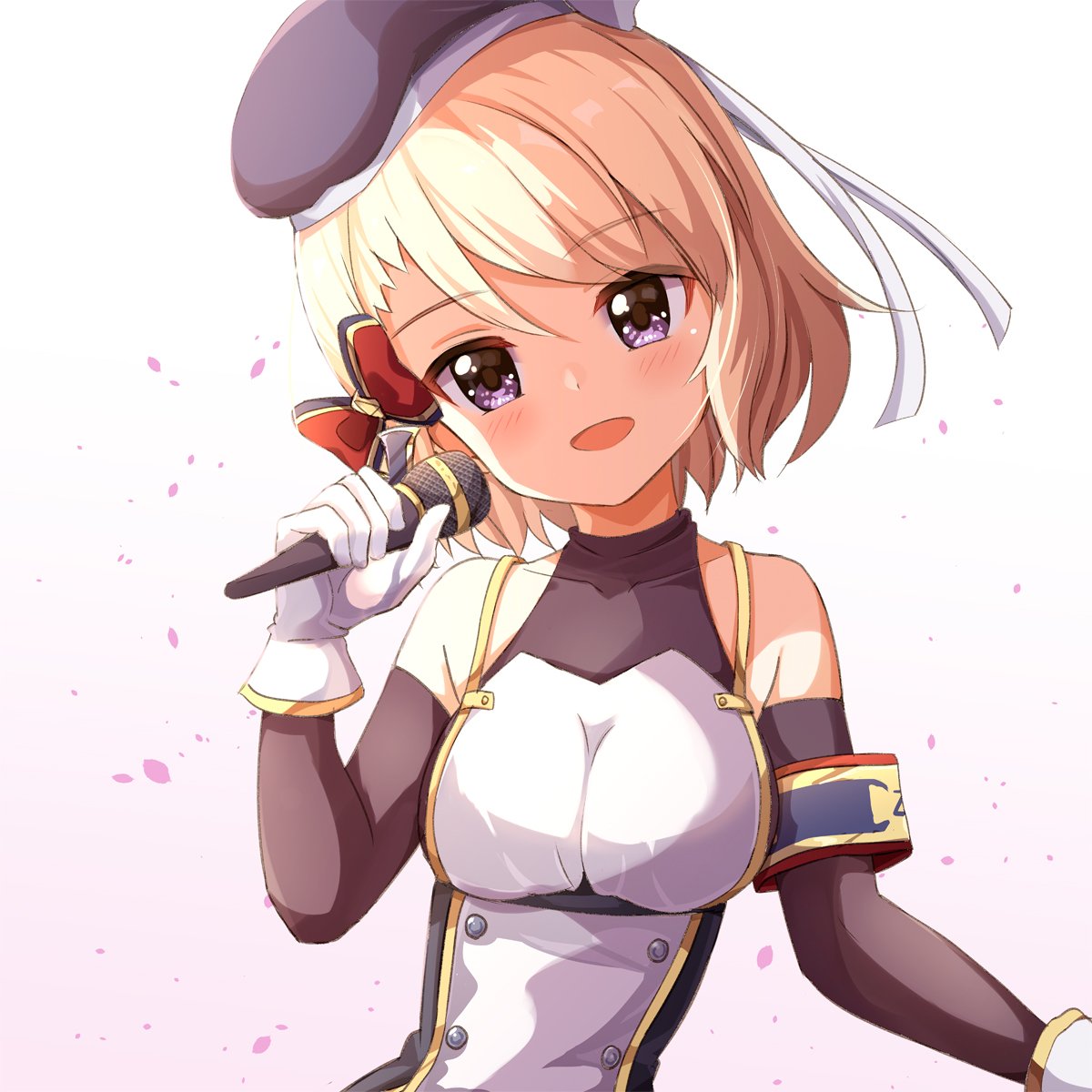 1girl :d ame. armband azur_lane bangs bare_shoulders beret black_headwear black_sleeves blonde_hair bow breasts collarbone commentary_request covered_collarbone detached_sleeves dress eyebrows_visible_through_hair gloves gradient gradient_background hair_between_eyes hair_bow hand_up hat head_tilt highres holding holding_microphone iron_cross long_sleeves medium_breasts microphone open_mouth pink_background red_bow sleeveless sleeveless_dress smile solo violet_eyes white_background white_dress white_gloves z23_(azur_lane)